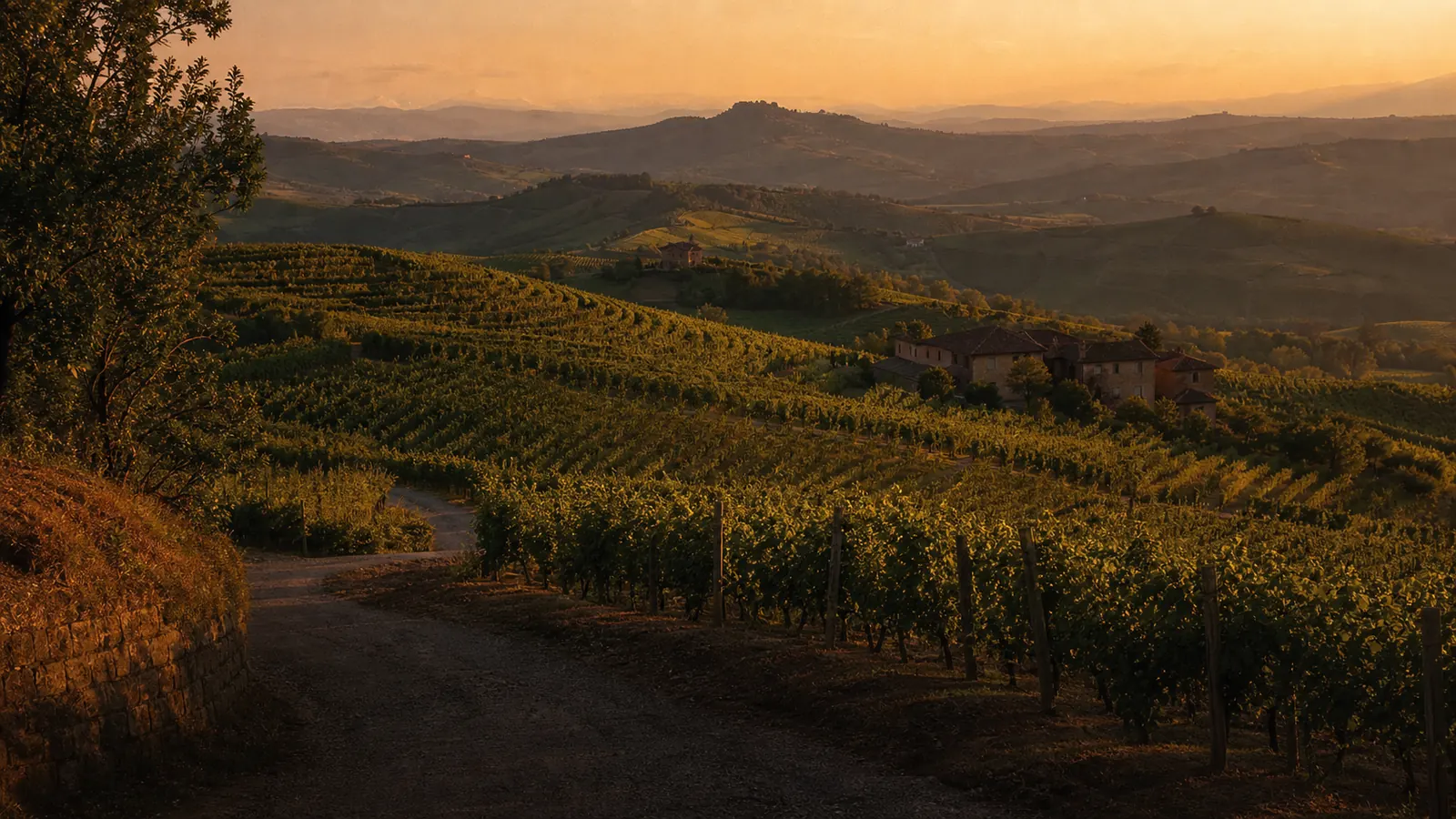 Vigneti delle Langhe al tramonto, tra La Morra e le colline circostanti