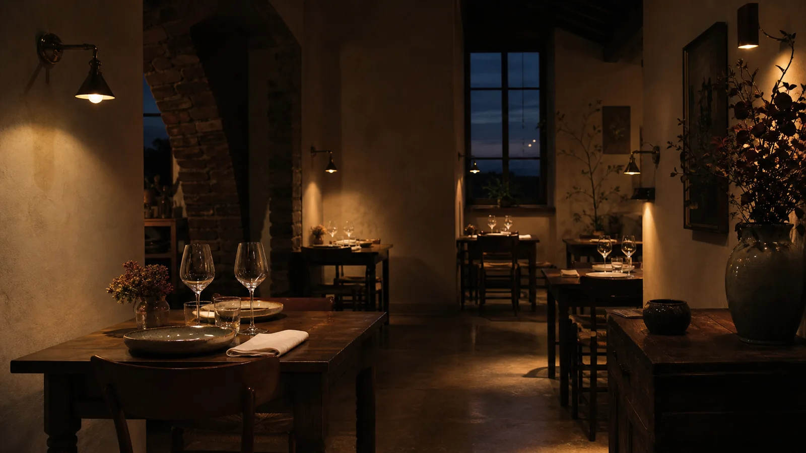 Sala intima dell'osteria illuminata dalle lampade della sera