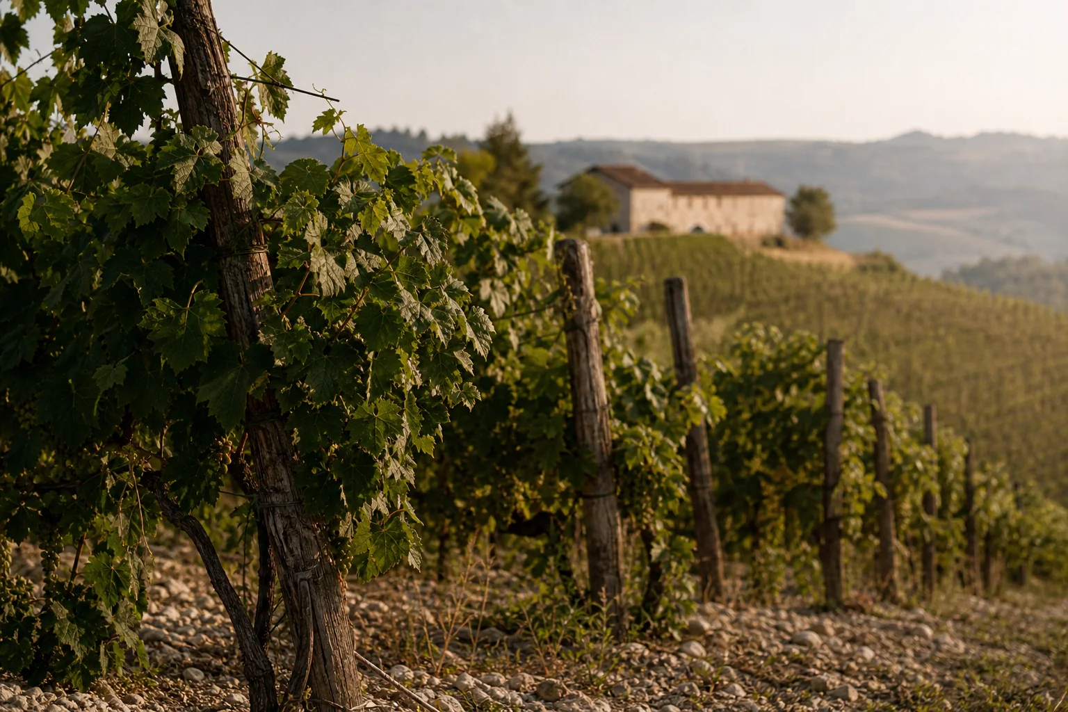 Filari di vite nelle Langhe con una cascina sullo sfondo